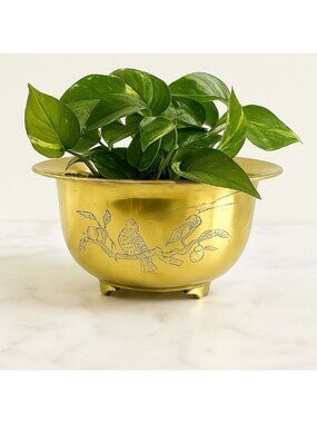 Vintage Etched Brass Footed Bowl Birds Branches Planter Dish 1960s MCM Decor